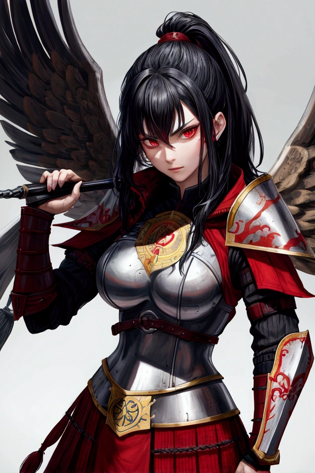 masterpiece, highest quality, Super detailed, CG illustration, High resolution, Better lighting, Best Shadow, Very delicate and beautiful, Proper shading, High resolution, 8k, Ray Tracing, Highly detailed and crisp backgrounds, Perfect lighting, Anime Style, game「Magic Swordsman」Inspired by: House of Ruby (Tengu, Winged Mountain God, Aggressive, Red and white colors), strength, Samurai Punk, alone, 1 female, Black Hair, Red eyes,  Adult, Obi tassel,