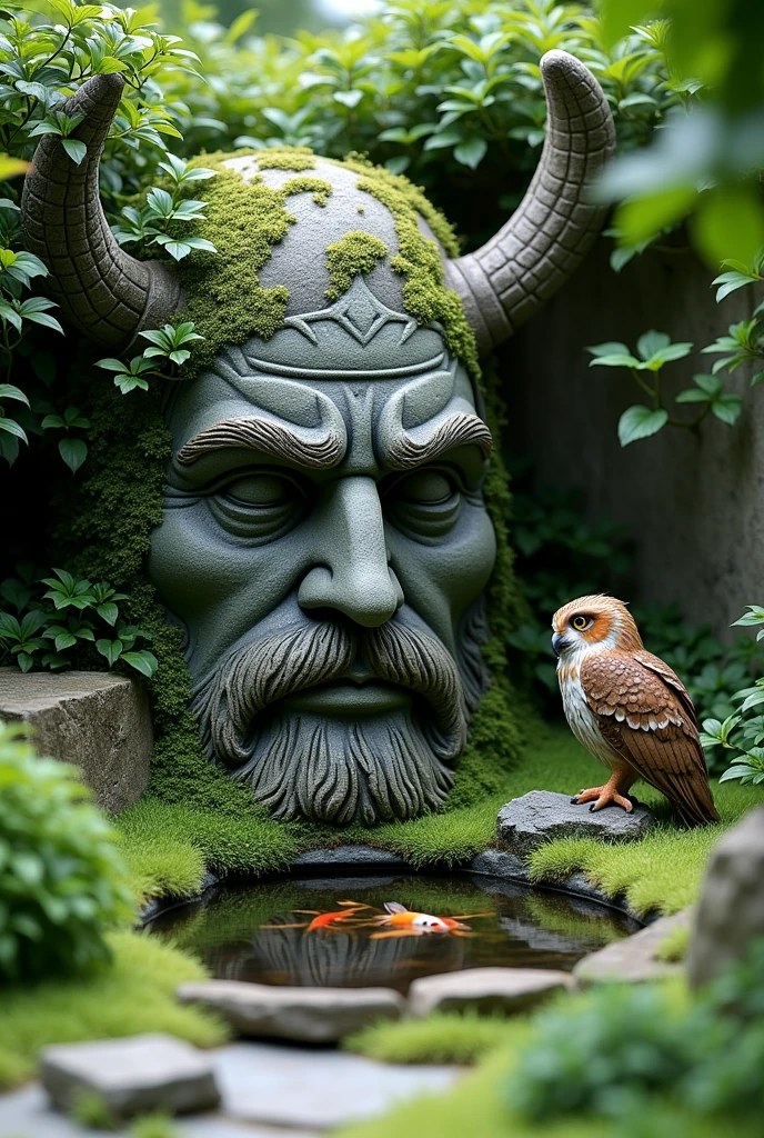 Create a real photo of a small zen garden with a statue of a Viking face on the wall covered with plants under the stove a small fish pond all in a small space of 2 meters by 2 meters in a corner of the garden put an eagle owl on grass