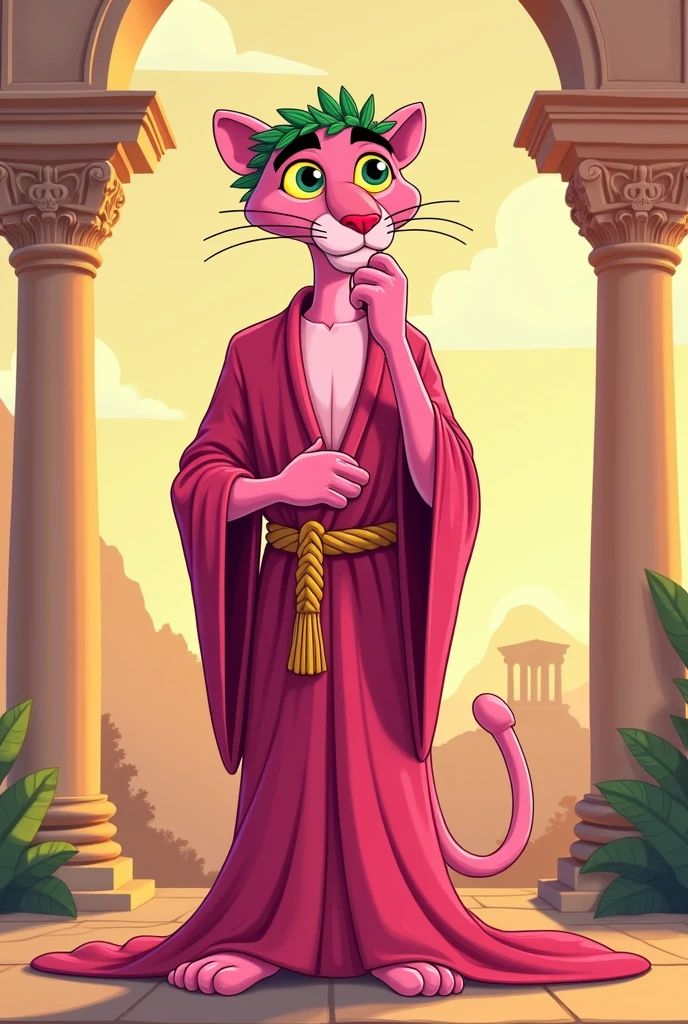 Create a cartoon image that looks like the Pink Panther inspector but in a Greek philosopher's outfit