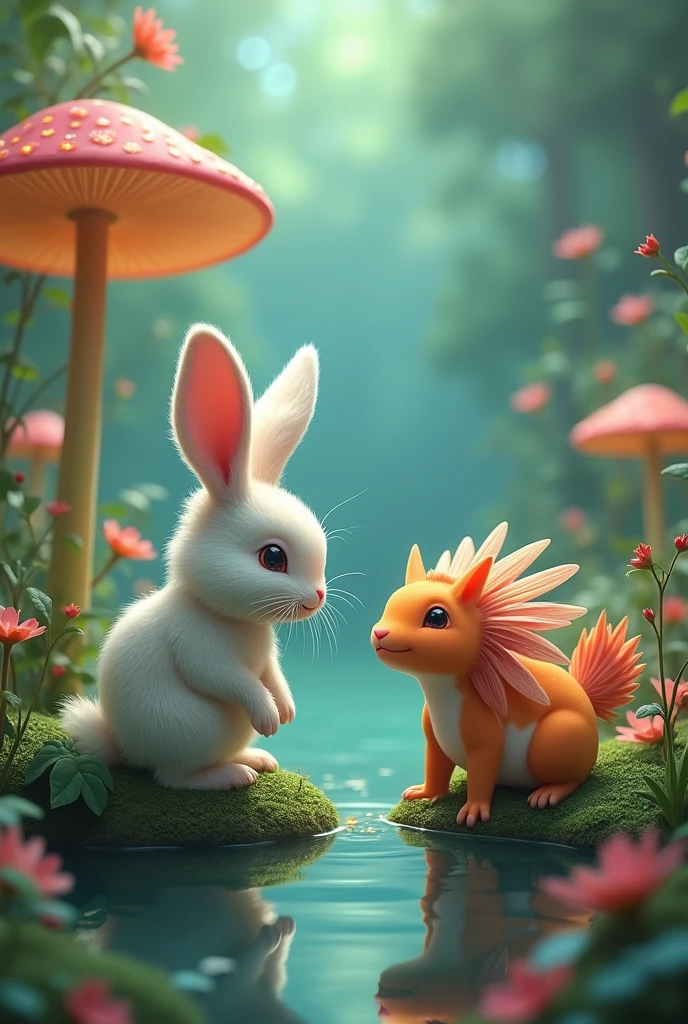 A rabbit talking to an axolotl