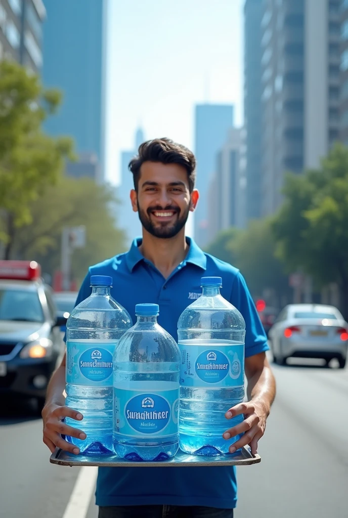 Create a full HD landscape image Pure drinking, refreshing drinking water delivered at your doorstep  with jar, bottles by delivery vehicle in metro city by  boy with hygienic and easy mobile application– convenience in every drop with Swachneer mobile application 