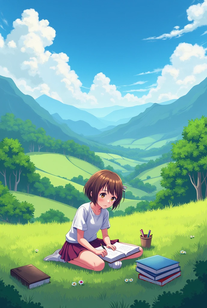 A  anime doing her homework  , landscape image 