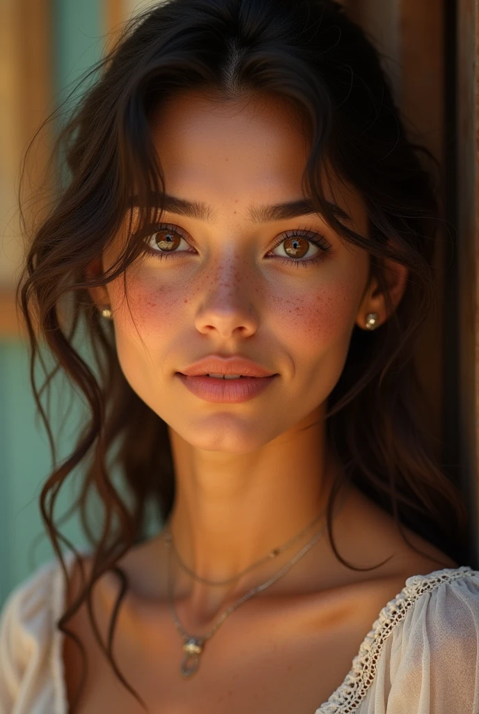 generates a photo of a Mexican woman with freckles and a round white face