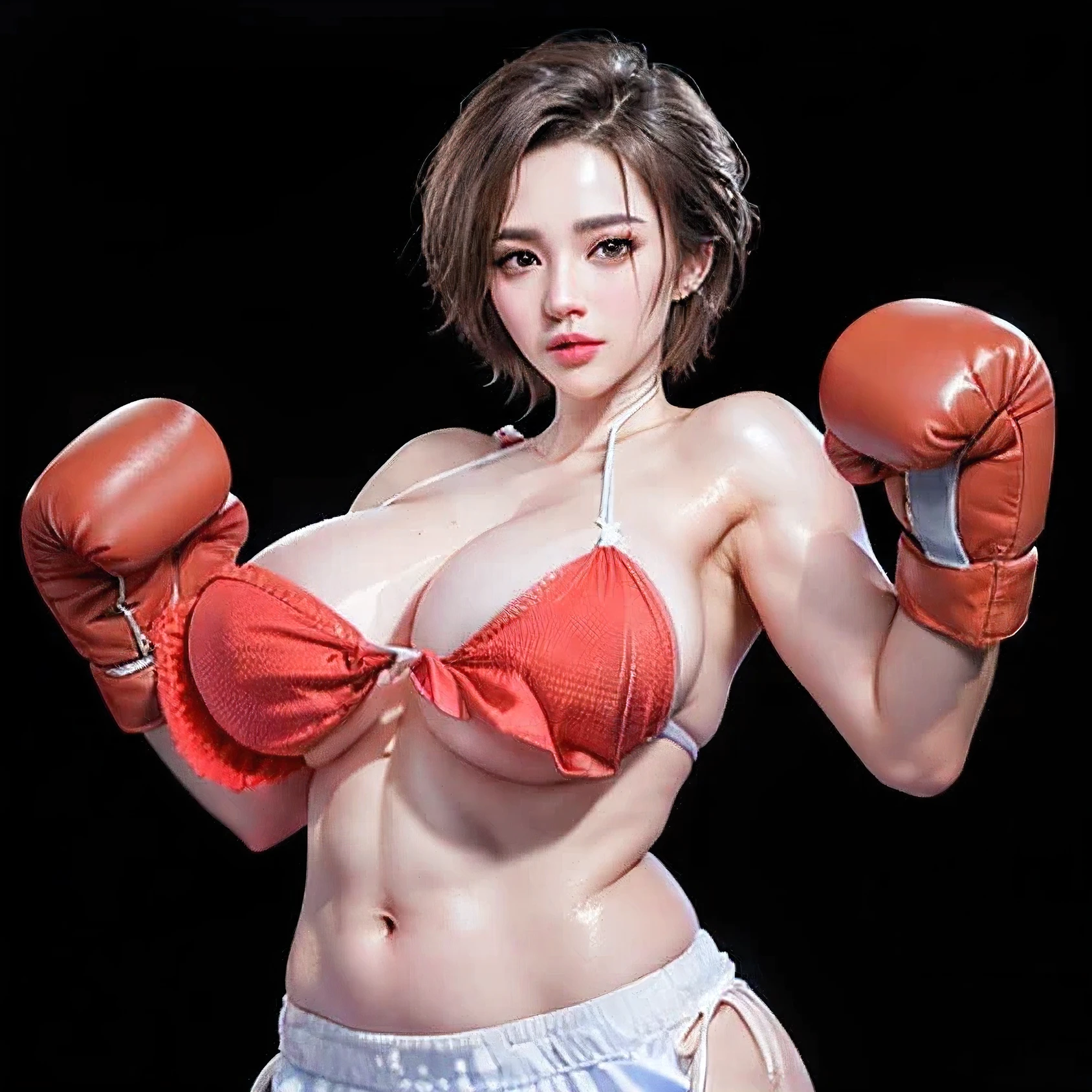 ((Unreal Engine 5)), Realistic Rendering, Excellent, (sexy skimpy bikini:1.3), looking on camera, (standing:1.8), beautiful face, makeup, CGImix, (photorealism:1.2), ultrarealistic uhd face, (huge soft :1.5), (muscle abs:1.3), (big butt:1.3), (wide hips), (thick thighs), slim waist, hourglass figure, half body, ((glowing skin)), ((shiny skin)), Realistic body, ((she )), ((clean skin)), photorealistic, bokeh, motion blur, masterpiece, highres, 1080P, super detail, textured skin. Boxing, women boxing, boxing gloves