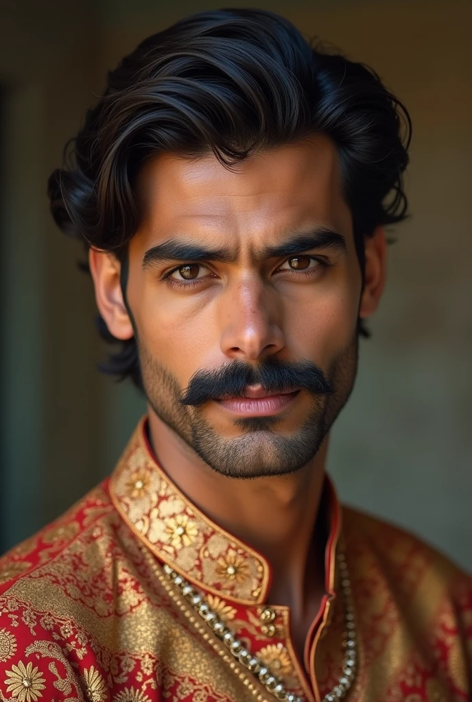 A young man with a mustache, Age 20 ,I look like Bruce Wayne from the Batman movie., Wear Indian clothing such as a kurta. 
