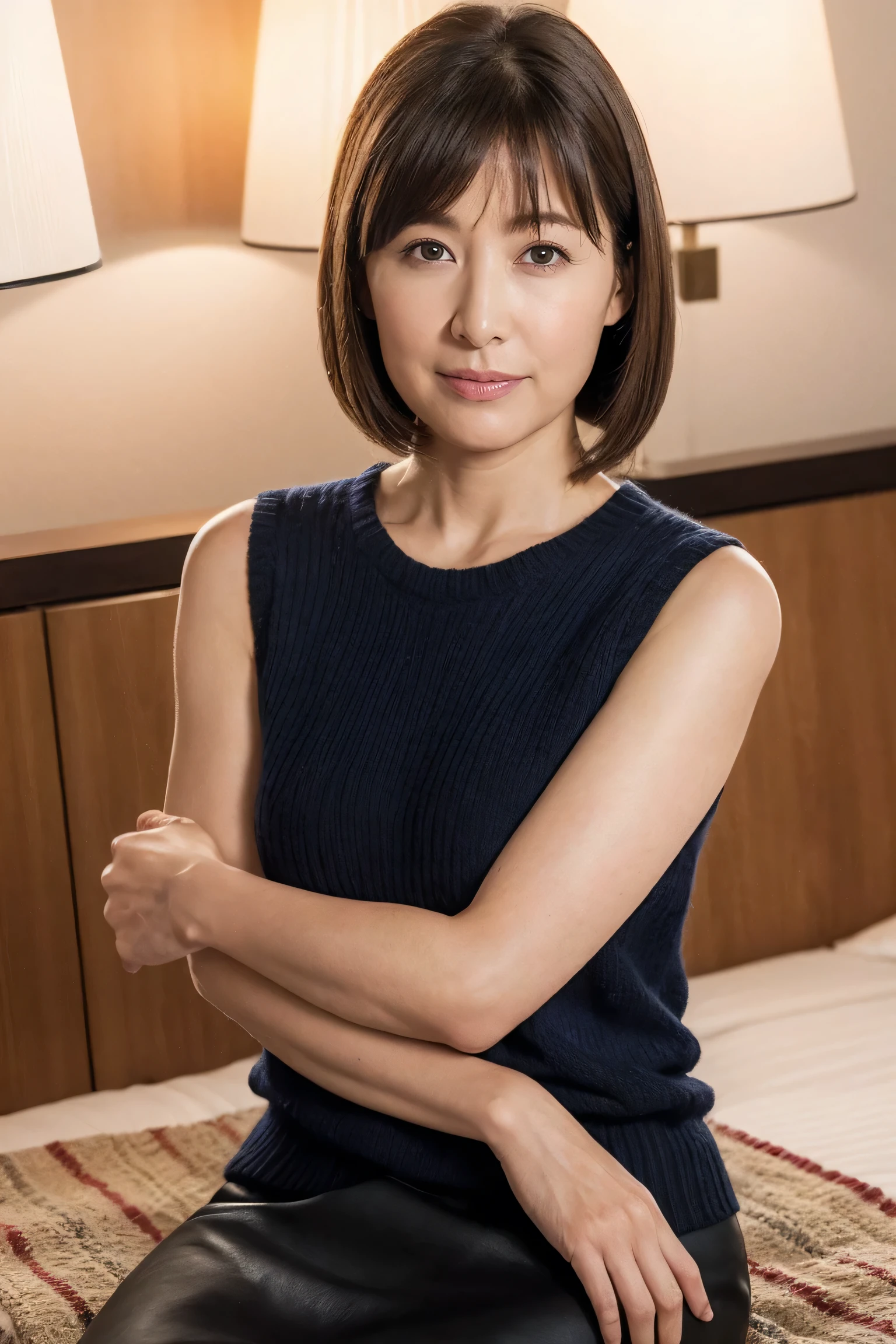 Highest quality, masterpiece, High resolution, Photorealistic, RAW Photos, 8k wallpaper, perfection, Professional Lighting, Very detailed, Written boundary depth, ((One beautiful woman)), ((Sexy 40 year old women)), (In a hotel room), ((Sleeveless knitwear、Black Skirt)), ((View your viewers)), Detailed face, Beautiful Eyes, (Sit with good posture), bangs, Shapely small breasts, Light brown straight hair, (Thick lips), (Place your arms between your legs)