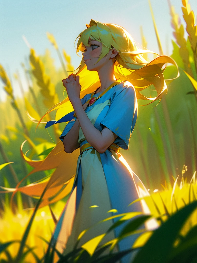 Semyon's POV, Slavya-chan from Endless Summer, holds his hand, leading him through green fields into endless summer. She is sweet and kind, with a bright smile on her face and long blonde hair loose in the wind. Slavya is dressed in a traditional Slavic dress that sways beautifully. The focus is on their hands joined in a friendly gesture, with photorealistic details: sun rays playing on her hair and the bright colors of nature all around. Use HDR to enhance brightness and contrast, creating a joyful and carefree atmosphere