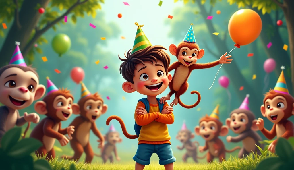 A boy, A monkey, and other jungle animals having a party with balloons and confetti