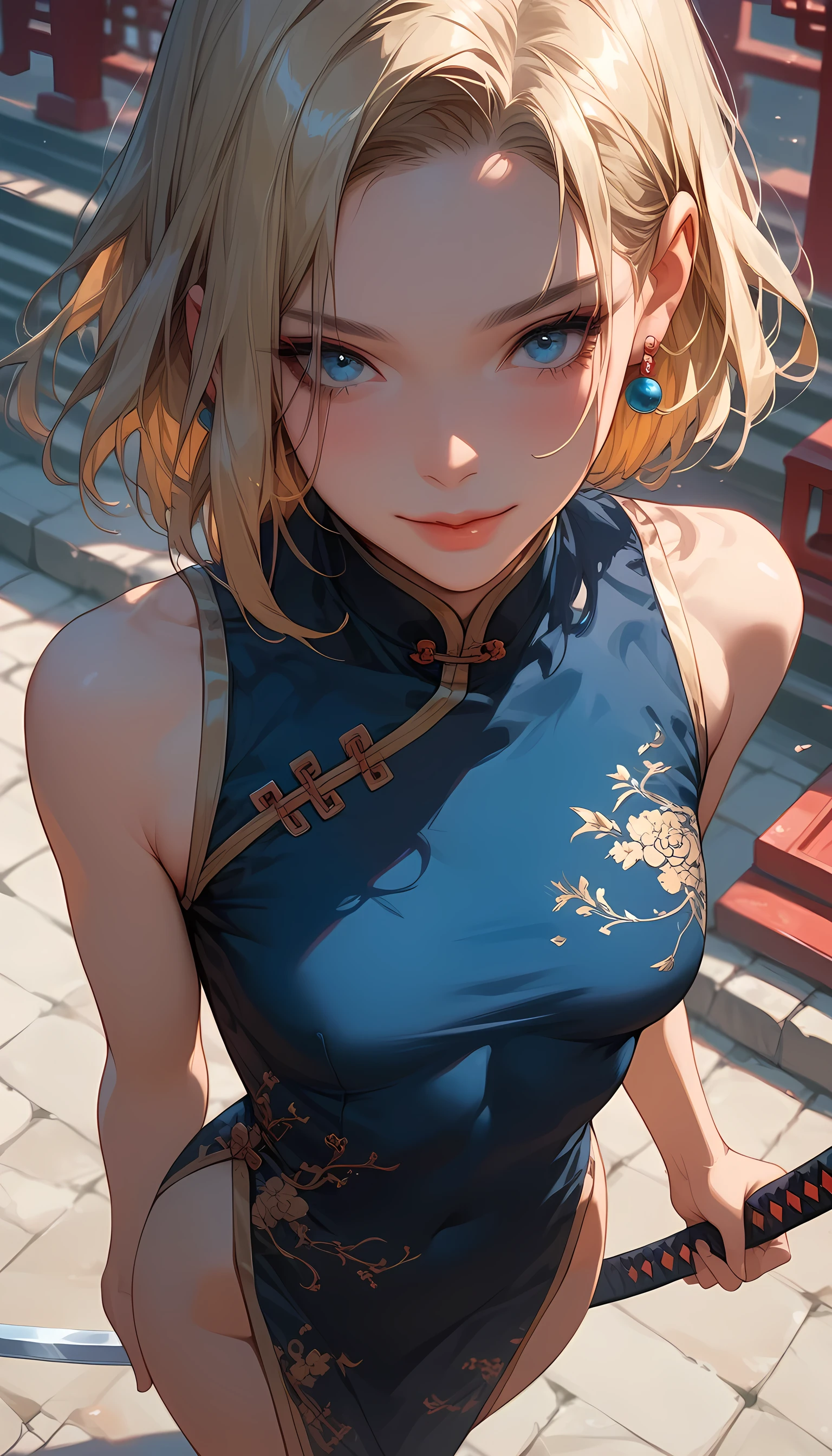 score_9, score_8_up, score_7_up, score_6_up, 1girl, (score_9, score_8_up:1.1), score_7_up,
medium blonde hair, straight hair, parted hair, blue eyes, pale skin, small breasts, front view, chinese dress, chinese shoes, earrings, detailed background, chinese temple, shy., training with a sword, dynamic pose, standing up, high angle view, shy smile, closed lips