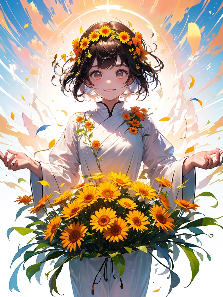 (masterpiece、highest quality、highest quality、Beautiful and beautiful:1.2)、(Good anatomy:1.5)、calendula色ヘアの少女の絵、White cute costume、Adorable smile、Close your mouth、Sparkling Eyes、looking at the camera、put flowers and leaves on your head、calendula