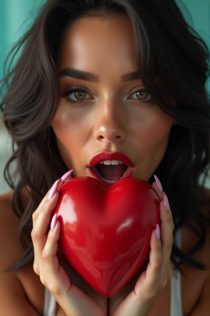 beautiful female Jamaican model surrounded by red heart shape balloons, part of her breasts are covered mostly by big red balloons, erotic photo, sensual look, red lips, braided Jamaican hair, medium size natural, looking at the camera, vibrant red color balloons, studio bright white lights, vibrant red color lips