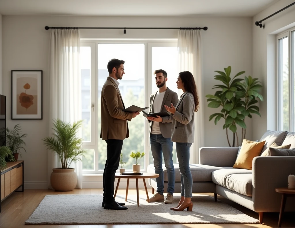 A young couple meets with an appraiser in the living room of a modern house to begin the inspection of their home to give it the real value of their property.