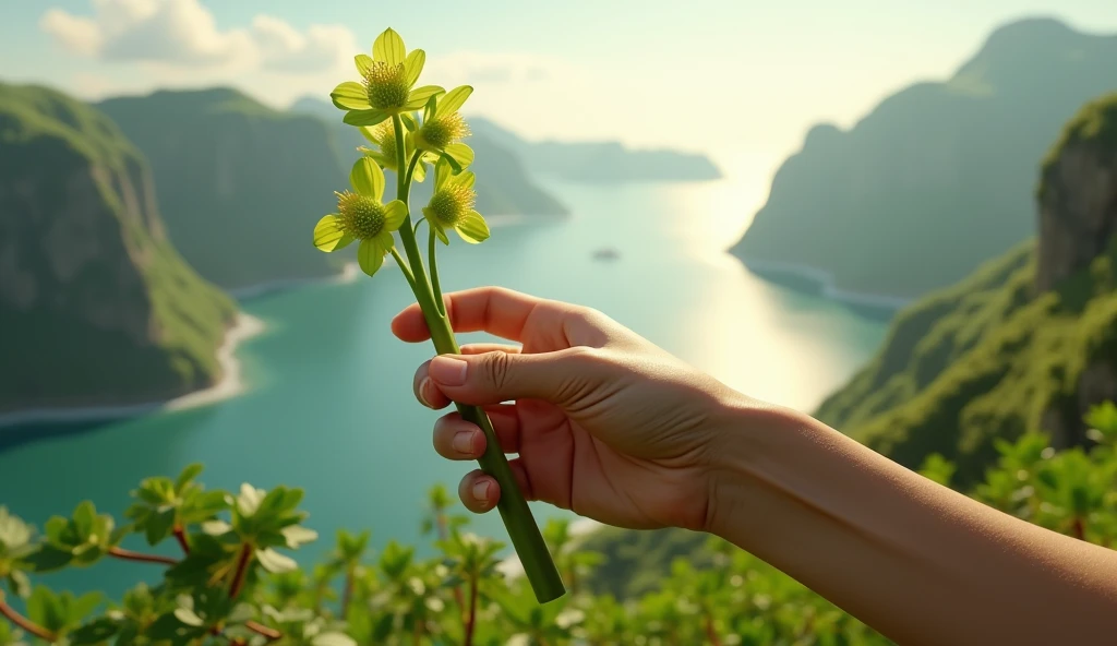 A hand picking a plant that looks like a leek but has green flowers(best quality,4K,8k,High level,masterpiece:1.2),Ultra Detailed,(lifelike,Photo real,Photo real:1.37),Realistic lighting,虚幻引擎4K壁纸,Summer Unreal Engine 5, Beautiful landscape rendering, Mountains and Oceans, Rendered in 8k Unreal Engine,,The most beautiful scenery,Epic shock