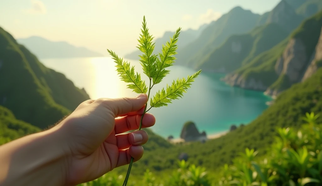 A hand picking a plant that looks like a leek but has green flowers(best quality,4K,8k,High level,masterpiece:1.2),Ultra Detailed,(lifelike,Photo real,Photo real:1.37),Realistic lighting,虚幻引擎4K壁纸,Summer Unreal Engine 5, Beautiful landscape rendering, Mountains and Oceans, Rendered in 8k Unreal Engine,,The most beautiful scenery,Epic shock