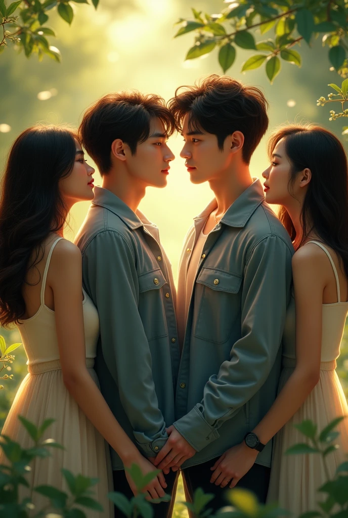 Image that are two handsome twin men and three girls in love with them, They are Korean and are about 2.. It's for the cover of a romance novel, dramatic, realist