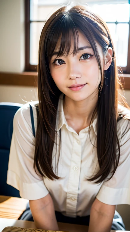 (Beautiful Japanese Women), Cute Face, (Deeply chiseled face:0.7), (freckles:0.6), Soft Light,Healthy white skin, shy, (Serious face), (Sparkling eyes), thin, smile, uniform、classroom、Sitting at a desk