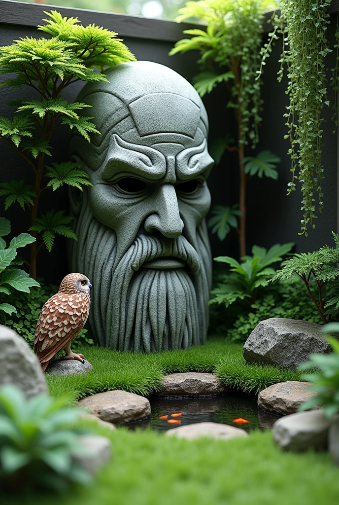 Create a real photo of a small zen garden with a statue of a Viking face on the wall covered with plants under the stove a small fish pond all in a small space of 2 meters by 2 meters in a corner of the garden put an eagle owl on grass