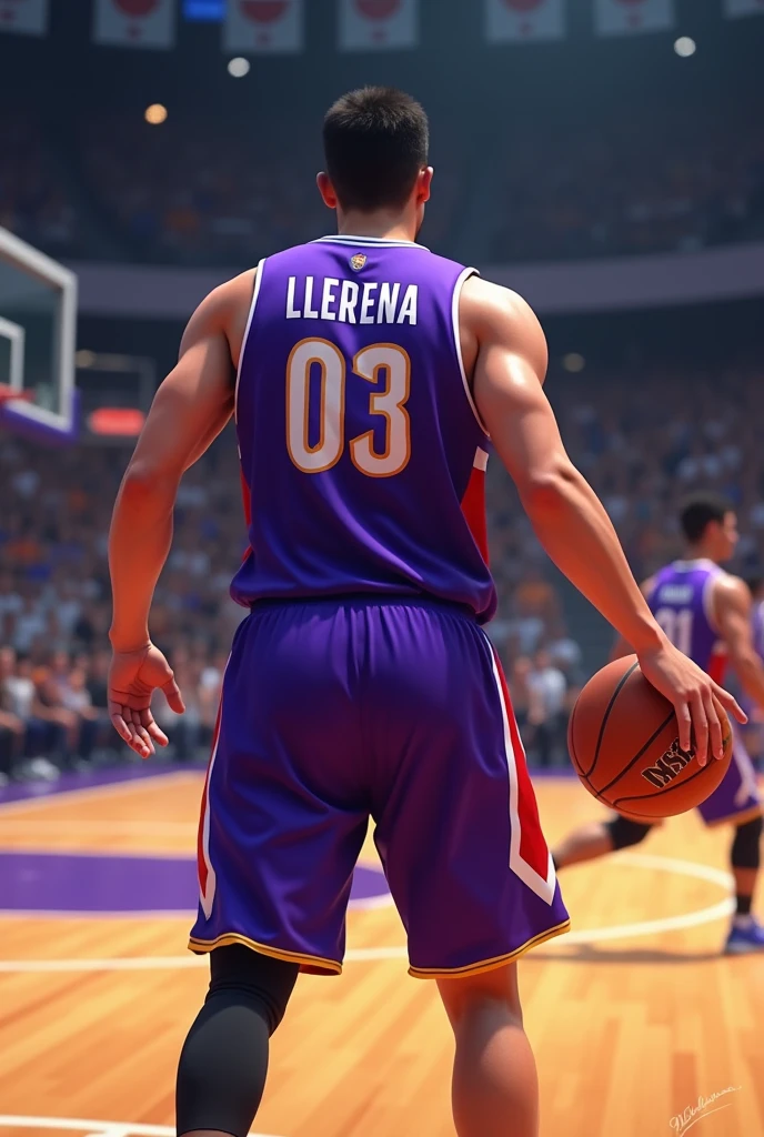 Filipino Basketball player wearing violet jersey with the name LLERENA and number 03 on the back of his jersey
