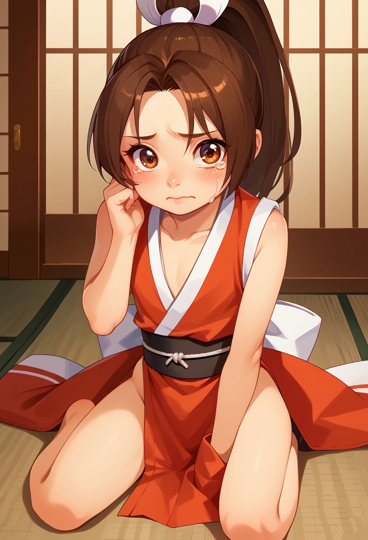 score_9, score_8_up, score_7_up, 1girl, solo, (li), kiflat chest, PonyShiranui, high ponytail, brown hair, brown eyes, japanese clothes, revealing clothes, sitting on ground, crying, hand on eye,nervous, blushing, looking at you, japanese shrine, AgeRegression, Oversized Clothes