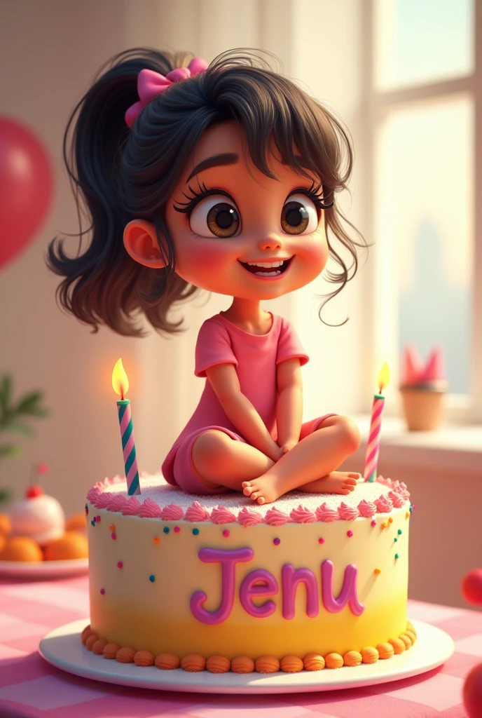 A girl who has her birthday her name is Jenu. It should be written on the cake . She is solo sitting on the cake she is now and it should be written on the side on somewhere.