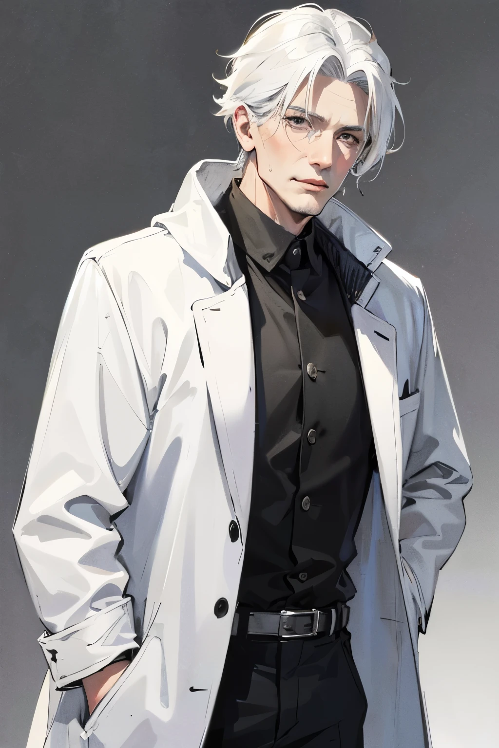 White-haired old man,white coat,Sloppy appearance
