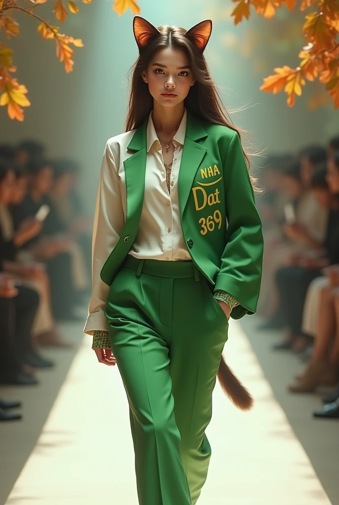 Ảnh toàn thân của cô gái có khuôn mặt của con mèo, mặc trang phục thời trang màu xanh lá cây phối trắng, cô ấy đang catwalk trong trang phục phong cách trẻ trung mùa thu, quyến rũ, trên trang phục có dòng chữ Nhà Đất 369