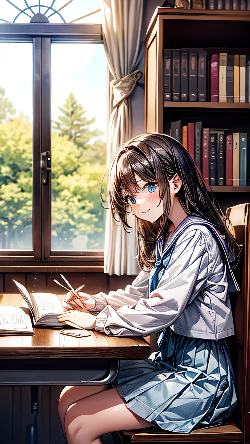 Create an anime-style image set in a bright and cozy library. The scene features two high school students, a boy and a girl, sitting side by side at a wooden desk. Both are wearing traditional Japanese high school uniforms—the boy in a white shirt with a tie and the girl in a sailor-style outfit. They are sitting side by side, with open books spread out on the desk in front of them, studying together. Both students are holding pens, writing something in their notebooks while looking at the books on the desk. They are smiling and enjoying each other's company. The scene is viewed from the front, showing their faces and the warm, soft light illuminating the space, creating a cheerful and pleasant atmosphere. In the background, large windows reveal a clear summer sky with vibrant blue colors, adding to the fresh and lively ambiance of the scene. The bookshelves filled with books further emphasize the library setting.