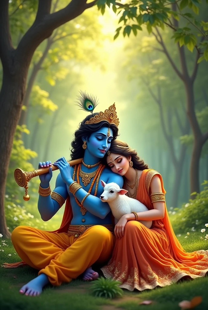 Depict a serene, sunlit forest scene with Lord Krishna and Radha seated together on soft grass. Lord Krishna, with his blue skin and adorned in traditional attire, plays the flute gently, while Radha leans on him lovingly. Krishna wears a peacock feather crown, vibrant garlands, and flowing orange garments. Radha, dressed in a beautiful saree, holds a small white calf beside her, adding to the peaceful ambiance. The background features lush green trees with sunlight filtering through the leaves, creating a warm and divine atmosphere.