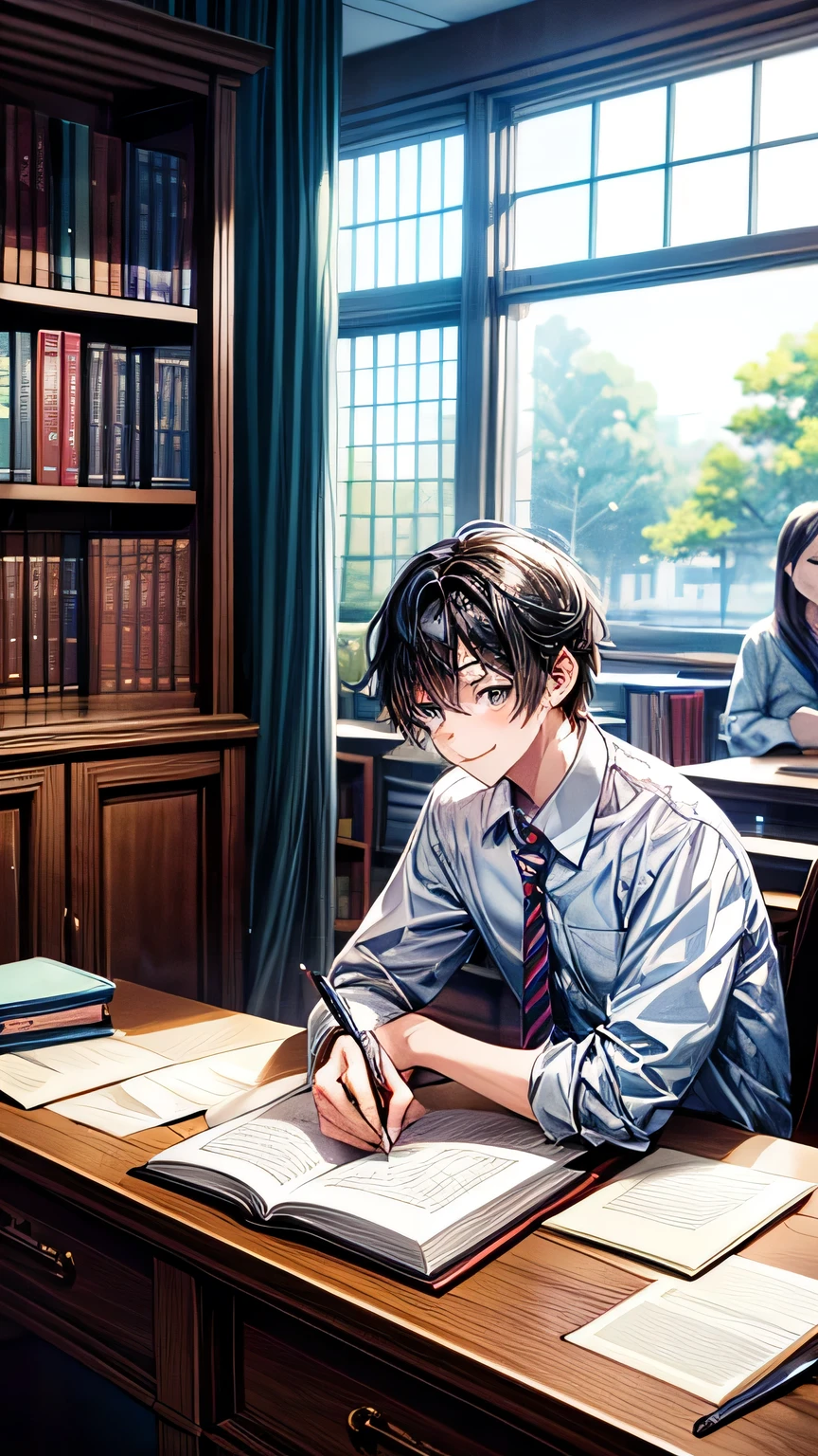 Create an anime-style image set in a bright and cozy library. The scene features two high school students, a boy and a girl, sitting side by side at a wooden desk. Both are wearing traditional Japanese high school uniforms—the boy in a white shirt with a tie and the girl in a sailor-style outfit. They are sitting side by side, with open books spread out on the desk in front of them, studying together. Both students are holding pens, writing something in their notebooks while looking at the books on the desk. They are smiling and enjoying each other's company. The scene is viewed from the front, showing their faces and the warm, soft light illuminating the space, creating a cheerful and pleasant atmosphere. In the background, large windows reveal a clear summer sky with vibrant blue colors, adding to the fresh and lively ambiance of the scene. The bookshelves filled with books further emphasize the library setting.