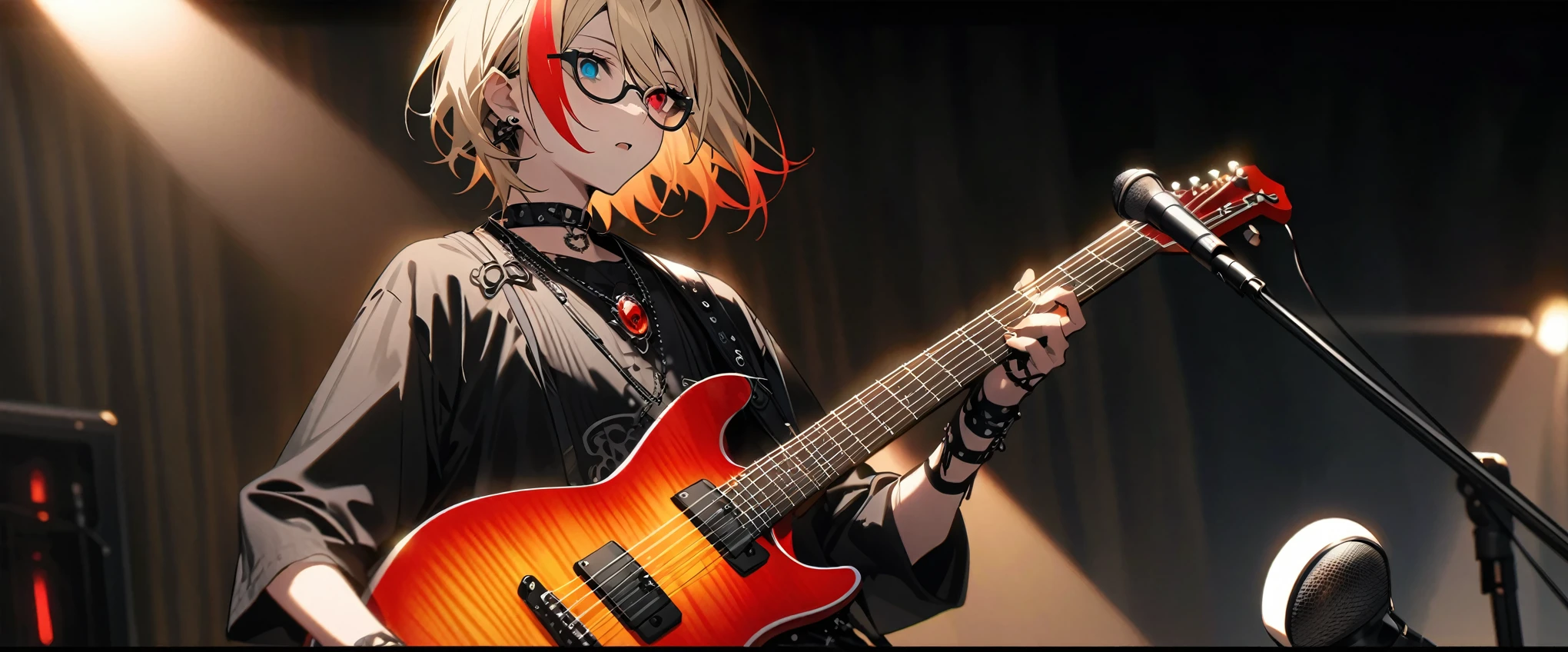 (((masterpiece,Highest quality))),(((スチームパンク風でVisual Keiの黒を基調とした衣装の短い髪のアニメの中性的な男性))),((Androgynous but male)),(((Visual Kei))),(((red and blonde streaked hair))),highlights hair,((Wears stylish, thick-framed glasses)),((Blue and red heterochromia)),((Clock and gear motif necklace,A brooch with a clock and gear motif)),((playing electric guitar and singing into a studio microphone))),alone,Focus on the whole body,(high quality),アニメ