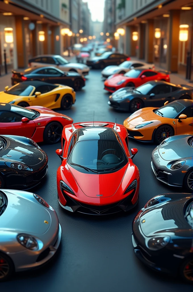 I need an image of several luxury cars and a popular car among them. The image needs to be realistic and the popular car has to be a simple car