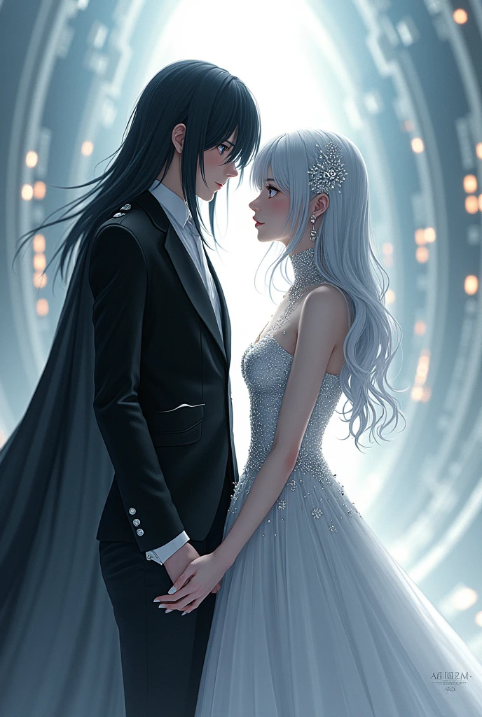 Sanakan and Cibo from Blame! Manga in a wedding dress), (sci-fi theme) suit black hair, dress striking silver hair, Futuristic atmosphere Emphasizes radiance pure atmosphere Intricate details of the outfit A soft but bright light shines from above. Intimate and romantic atmosphere Highly detailed, exceptionally detailed, cinematic quality, emotionally charged scenes.