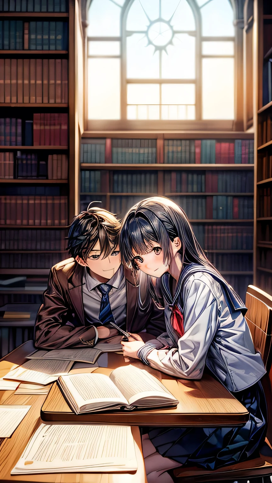 Create an anime-style image set in a bright and cozy library. The scene features two high school students, a boy and a girl, sitting side by side at a wooden desk. Both are wearing traditional Japanese high school uniforms—the boy in a white shirt with a tie and the girl in a sailor-style outfit. They are sitting side by side, with open books spread out on the desk in front of them, studying together. Both students are holding pens, writing something in their notebooks while looking at the books on the desk. They are smiling and enjoying each other's company. The scene is viewed from the front, showing their faces and the warm, soft light illuminating the space, creating a cheerful and pleasant atmosphere. In the background, large windows reveal a clear summer sky with vibrant blue colors, adding to the fresh and lively ambiance of the scene. The bookshelves filled with books further emphasize the library setting.