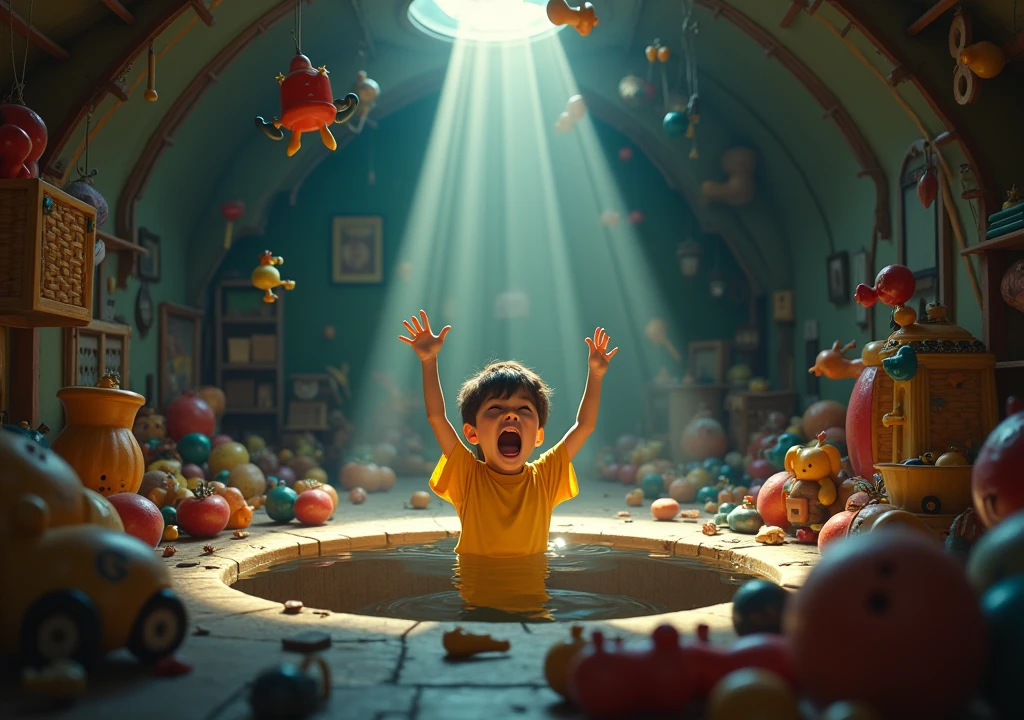 a well with bright lights pulling a boy in a yellow shirt out of the well, in the background of the image there are toys scattered around the well, focus all the light on the boy and make the scene dramatic. Disney pixar style