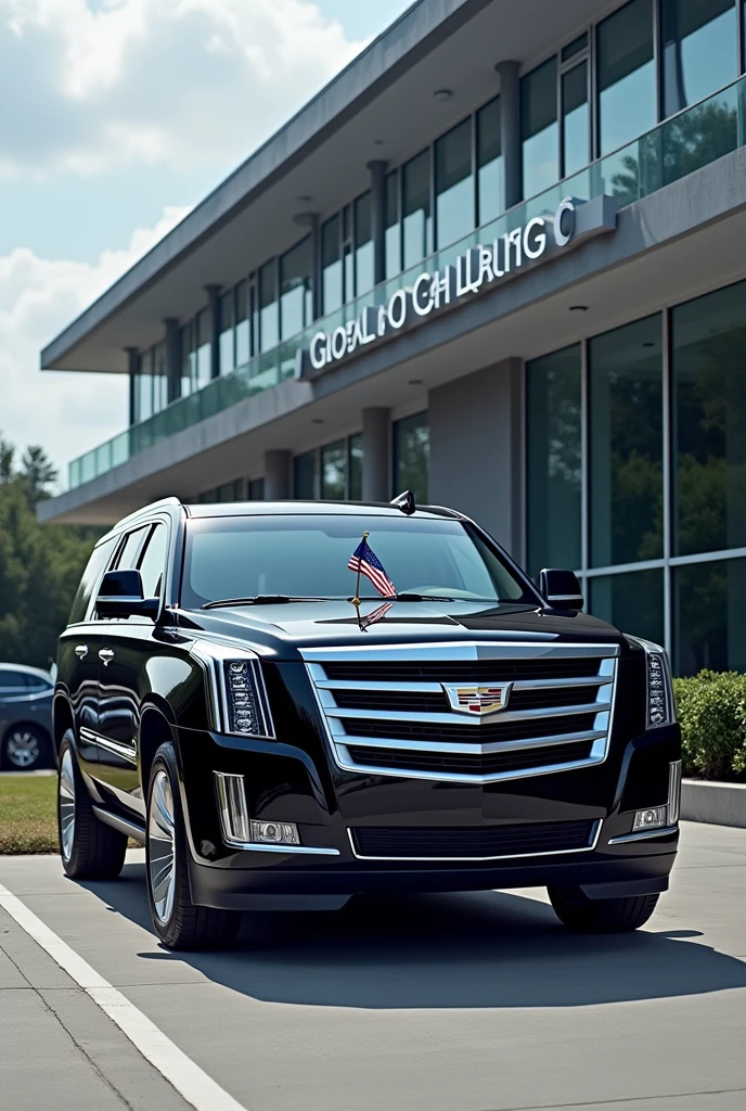 Cadillac escalade parked Infront of a building written Apex Global Holdings, there's a navy blue flag mounted on the right and left side of the vehicles bonet (where the engine is usually located) flag should be above the front lights and should be small