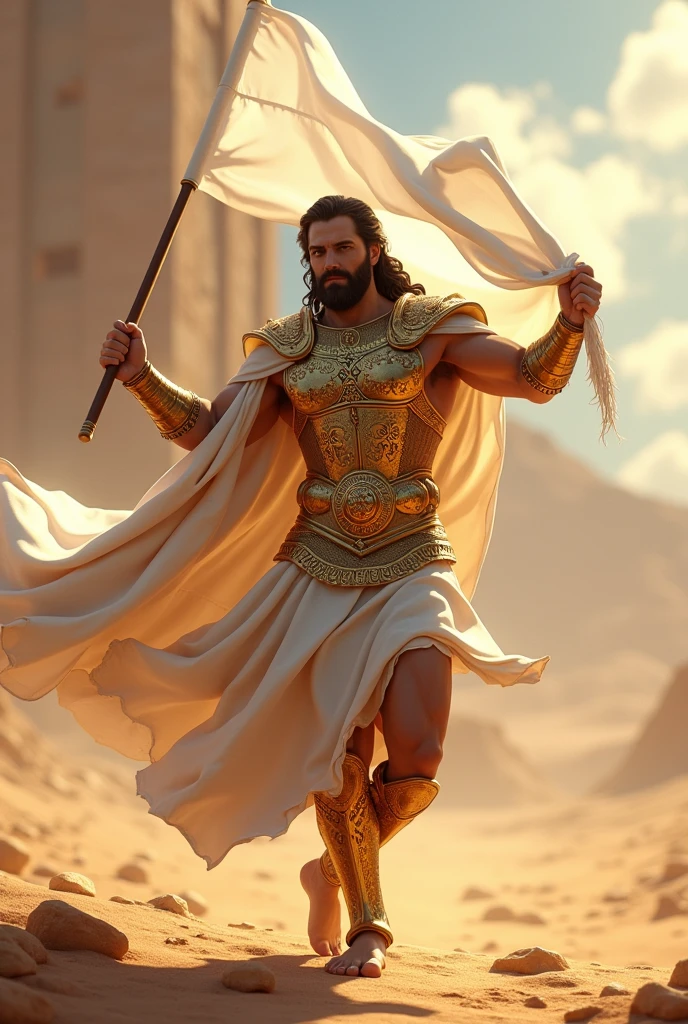 in animation with biblical warrior costume with armor in action dancing with white flag