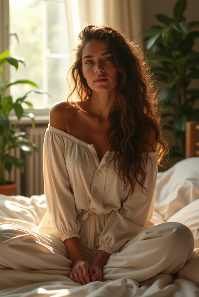 (photorealism:1.2), beautiful woman, sitting on bed, wearing loose off-shoulder top, pajama pants, long curly hair, indoors, soft lighting, plants in background, window with sunlight, cozy room, relaxed pose, realistic, intricate details, warm colors, by Greg Rutkowski, by Alphonse Mucha