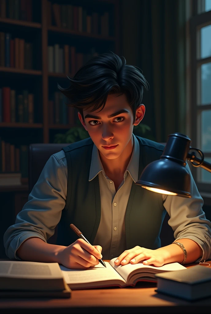 handsome student studing hard at night
