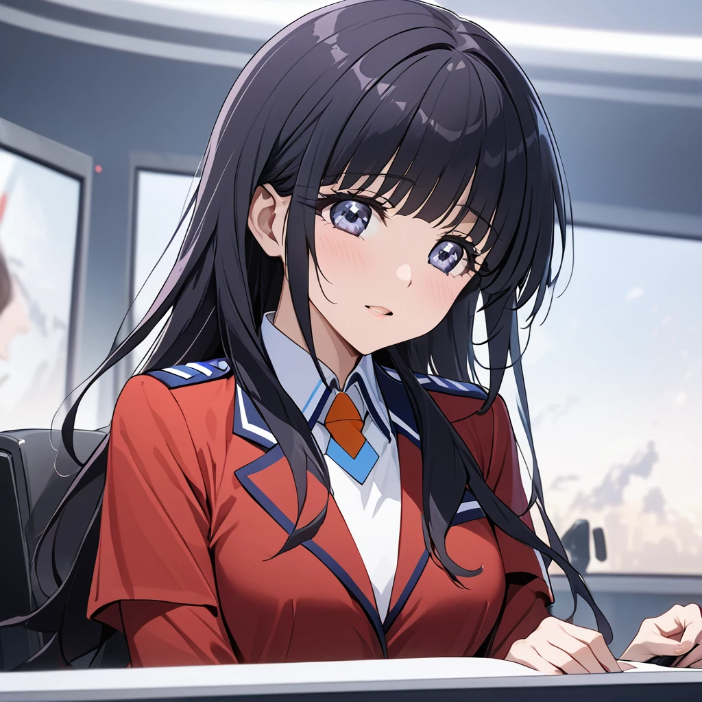((Highest quality)), ((masterpiece)), (detailed), (Perfect Face)、The woman is Aoki Reika, a news anchor for the Chinese national broadcasting station with medium-long hair, wearing a red suit.、The woman is a Chinese female announcer.、On a Chinese news program, a woman praises a strong China and criticizes a weak Japan.