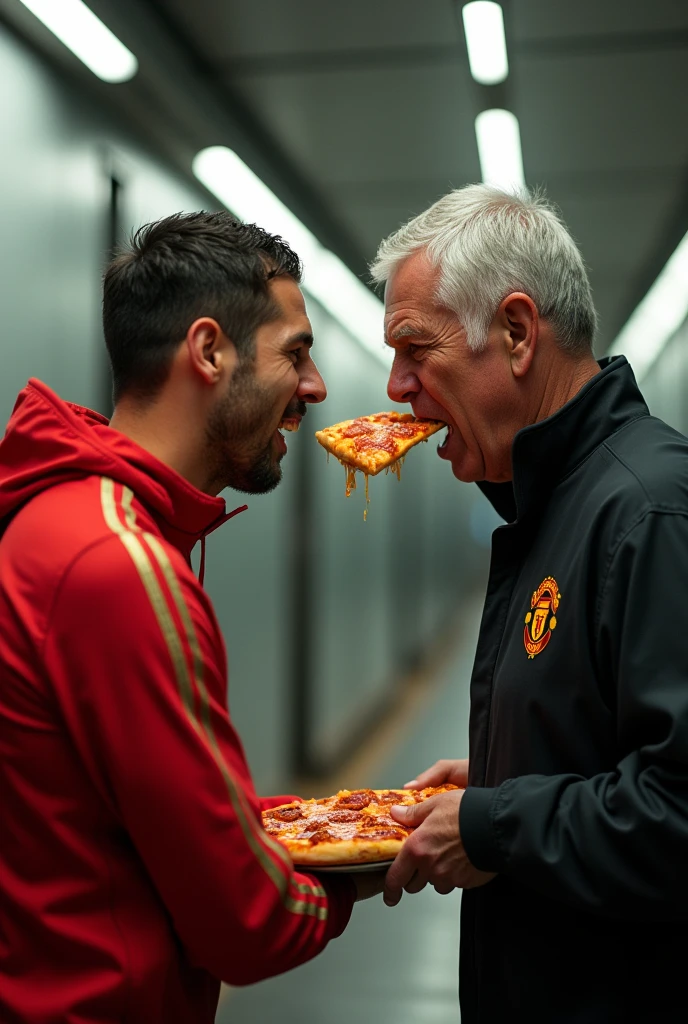 picture of angry cesc fabregas in arsenal trainers throwing a pizza at Alex Ferguson and the Pizza hitting Alex Ferguson