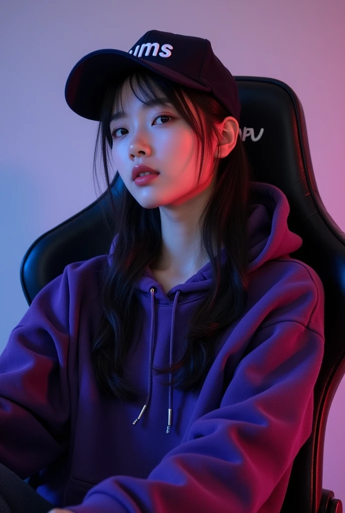 A beautiful Korean woman sitting on a gaming chair wearing a dark purple modest hoodie while wearing a ball cap with a name on it " Cums "
