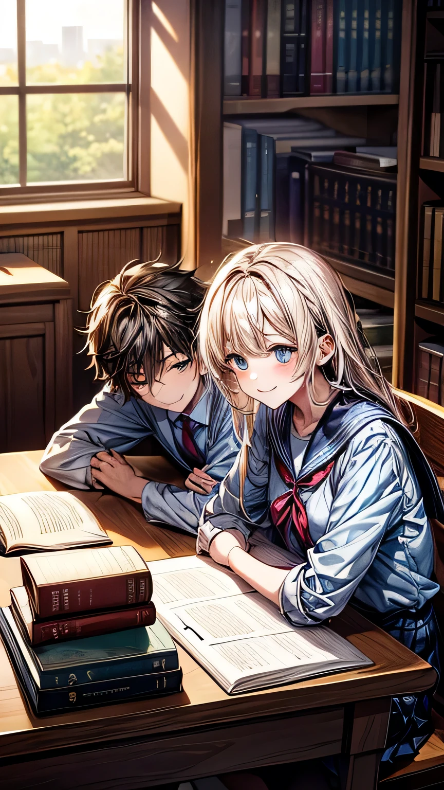 Create an anime-style image set in a bright and cozy library. The scene features two high school students, a boy and a girl, sitting side by side at a wooden desk. Both are wearing traditional Japanese high school uniforms—the boy in a white shirt with a tie and the girl in a sailor-style outfit. They are sitting side by side, with open books spread out on the desk in front of them, studying together. Both students are holding pens, writing something in their notebooks while looking at the books on the desk. They are smiling and enjoying each other's company. The scene is viewed from the front, showing their faces and the warm, soft light illuminating the space, creating a cheerful and pleasant atmosphere. In the background, large windows reveal a clear summer sky with vibrant blue colors, adding to the fresh and lively ambiance of the scene. The bookshelves filled with books further emphasize the library setting.