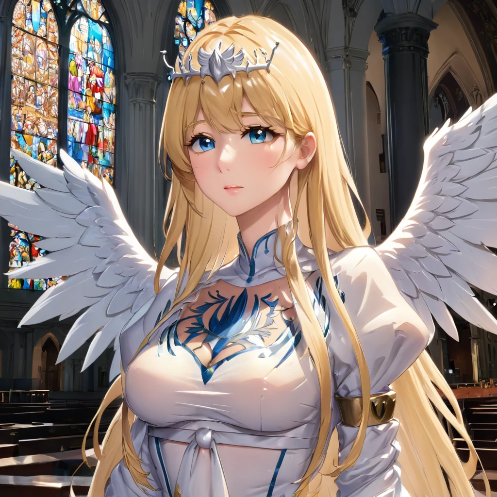 1 angel,alone, Calcutta, blonde hair, ,( My hair is very long.:1.3), My hair is very long., extra long hair, White crown, white dress, blue eyes,Calcutta Bessarez, medium sized breast,Calcutta, indoor, church, Cathedral, Stained glass, close up, upper body, very large white wings, angel wings, radius