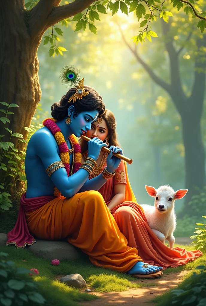 Depict a serene, sunlit forest scene with Lord Krishna and Radha seated together on soft grass. Lord Krishna, with his blue skin and adorned in traditional attire, plays the flute gently, while Radha leans on him lovingly. Krishna wears a peacock feather crown, vibrant garlands, and flowing orange garments. Radha, dressed in a beautiful saree, holds a small white calf beside her, adding to the peaceful ambiance. The background features lush green trees with sunlight filtering through the leaves, creating a warm and divine atmosphere.