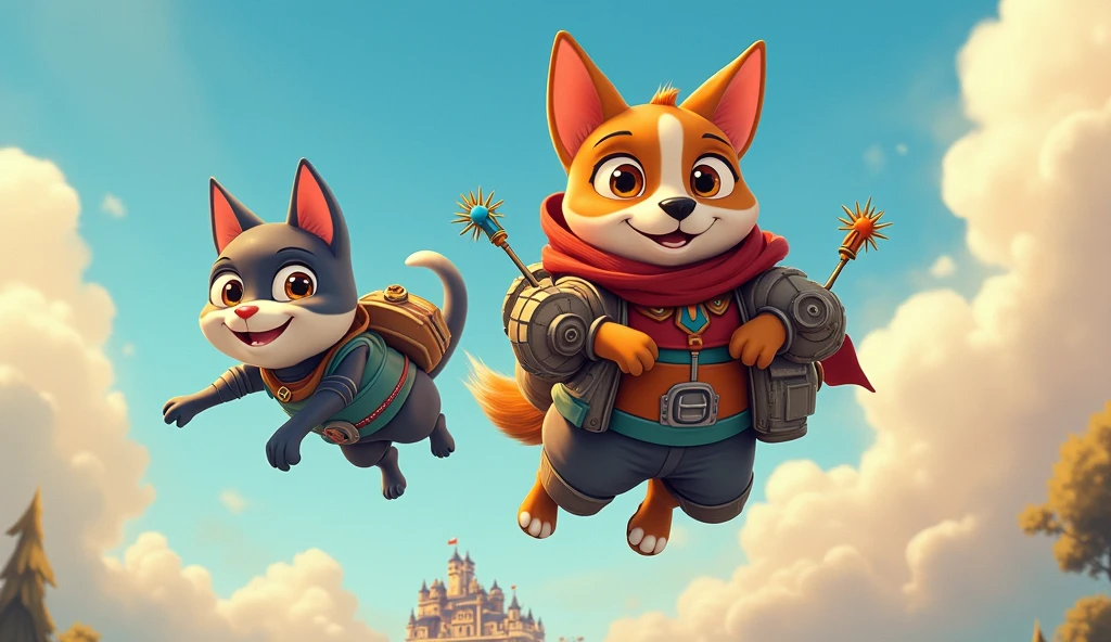 Max and Milo flying back to the garage, with the garage in the distance.