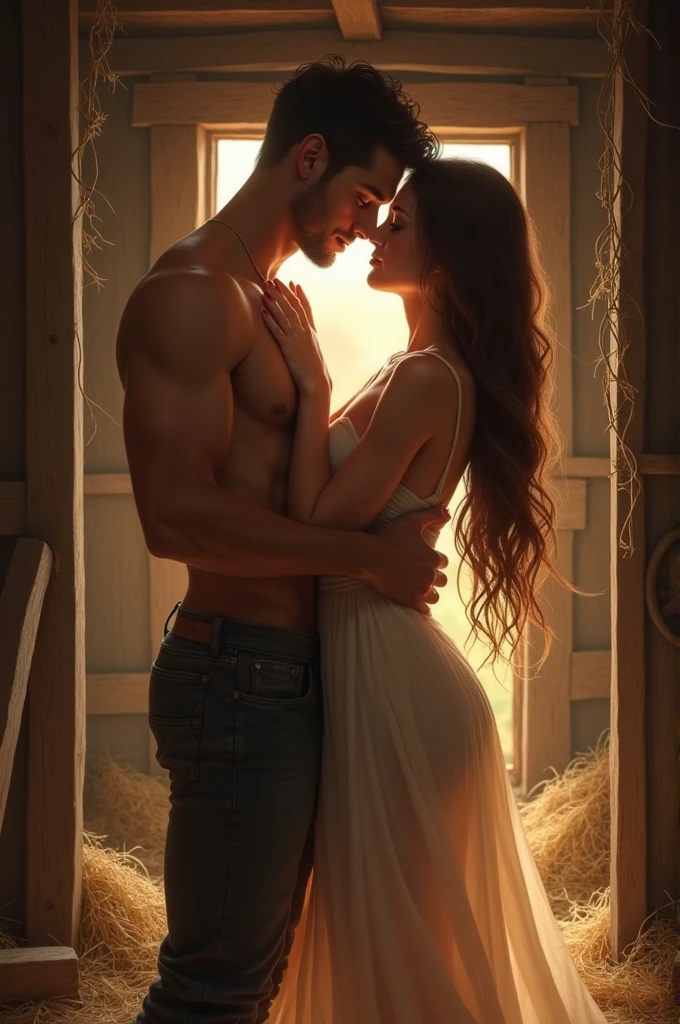 In a cowshed, a beautiful couple lay naked and embraced each other.