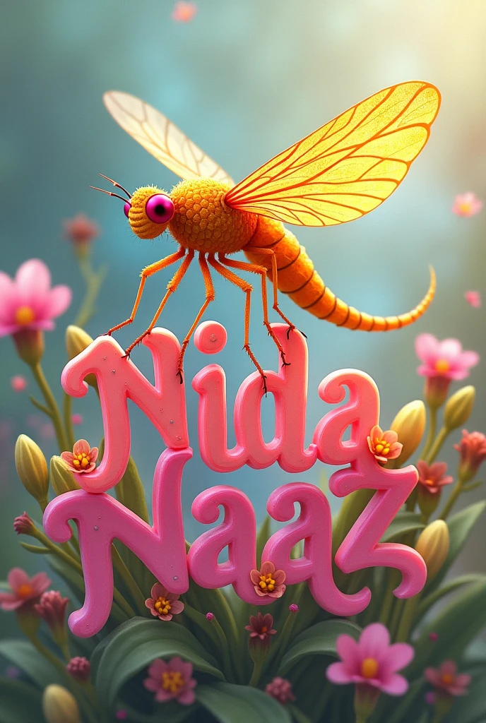 Beautiful water fly in pink and yellow color sitting on the name of Nida Naaz and flowers around the name