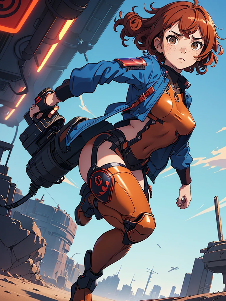 (masterpiece), (best quality),(1 girl),adult, red copper hair,(brown eyes),curly hair,(short curly hair), anime style, freckles, (small breasts),(petite figure), (blue outfit),(cyberpunk clothes)),(battle outfit),(badass outfit),legs, desert background