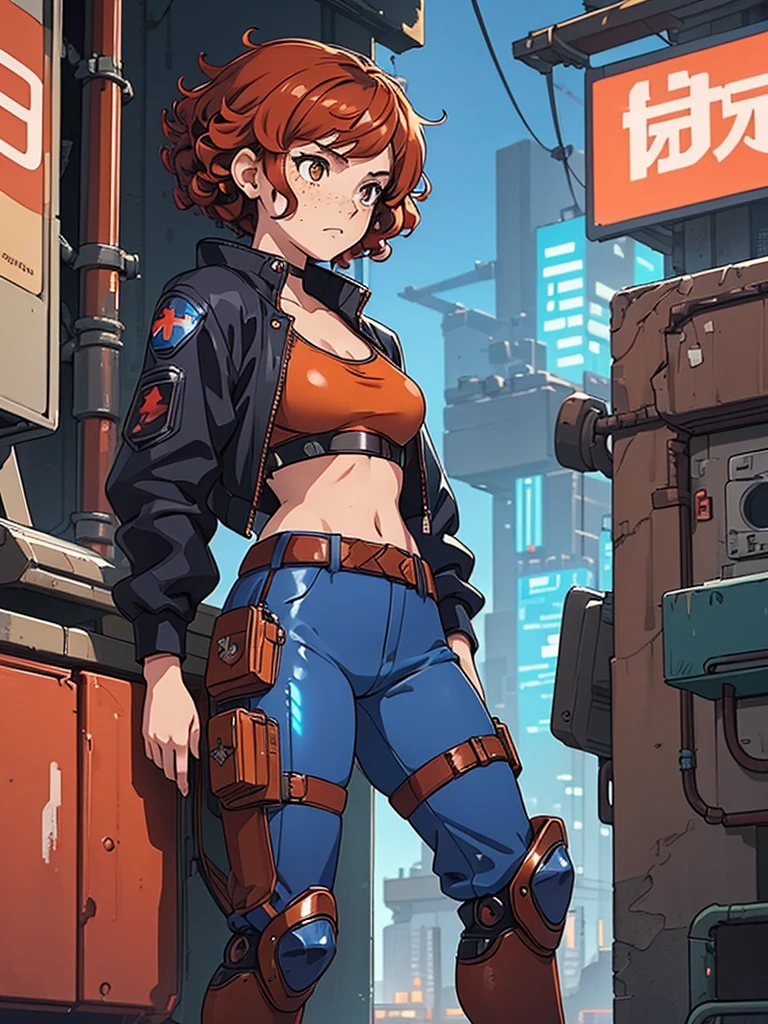 (masterpiece), (best quality),(1 girl),adult, red copper hair,(brown eyes),curly hair,(short curly hair), anime style, freckles, (small breasts),(petite figure), (blue outfit),(cyberpunk clothes)),(battle outfit),(badass outfit),legs, desert background