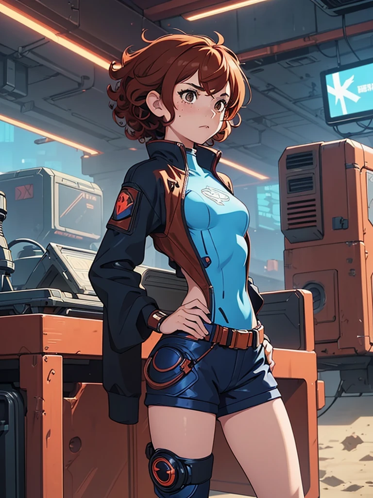 (masterpiece), (best quality),(1 girl),adult, red copper hair,(brown eyes),curly hair,(short curly hair), anime style, freckles, (small breasts),(petite figure), (blue outfit),(cyberpunk clothes)),(battle outfit),(badass outfit),legs, desert background